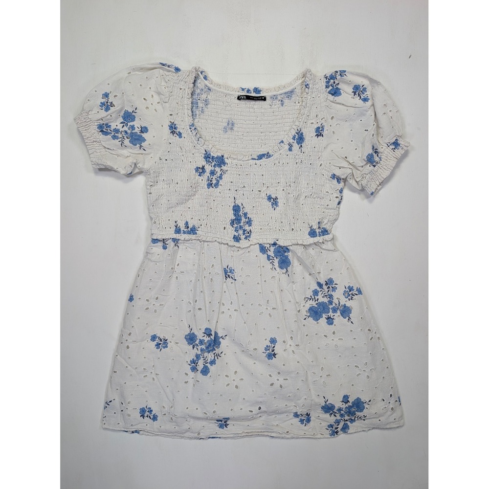 Zara Blue Floral Eyelet Smocked Mini Dress White Cotton Puff Sleeve Large